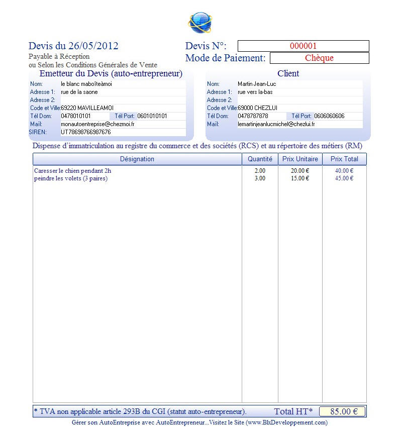 exemple de devis auto entreprise