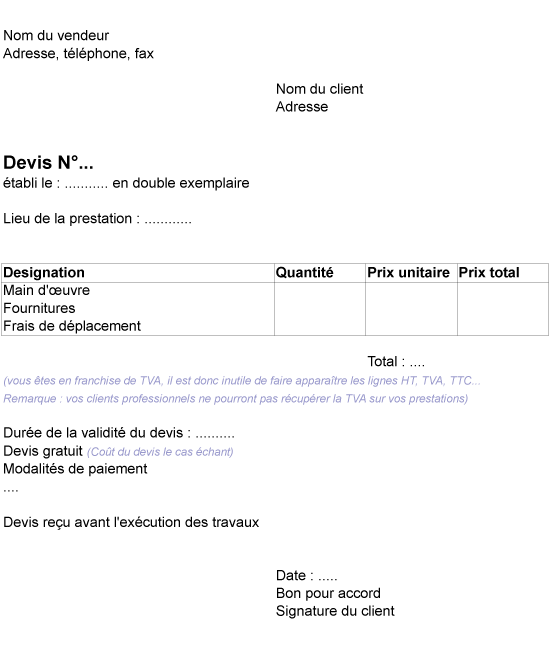exemple de devis pour auto entrepreneur
