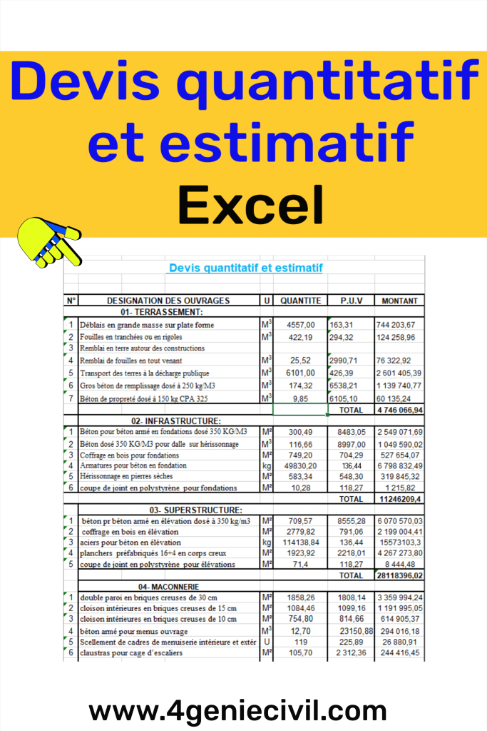 Devis quantitatif estimatif Excel Algérie