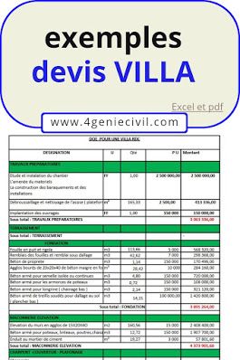 Exemple devis construction d'une villa - excel et pdf