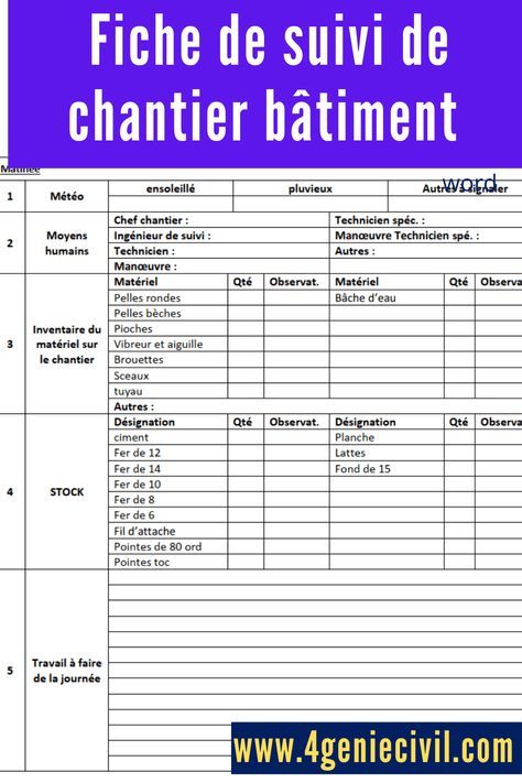 Fiche de suivi de chantier bâtiment Word