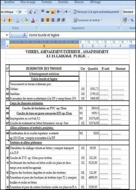 exemple d’un devis quantitatif et estimatif pour réalisation des travaux de VRD (VOIRIES – Genie civil livres