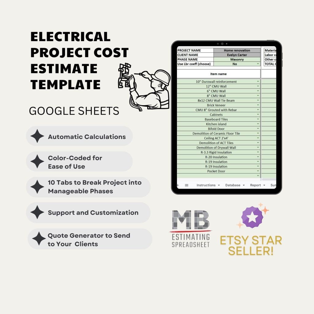 Modèle d'estimation des coûts d'un projet électrique - Google Sheets