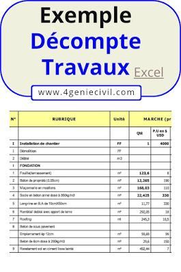 Modèle décompte travaux excel - construction