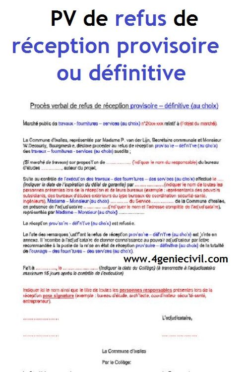 Exemple de Procès verbal de refus de réception provisoire – définitive