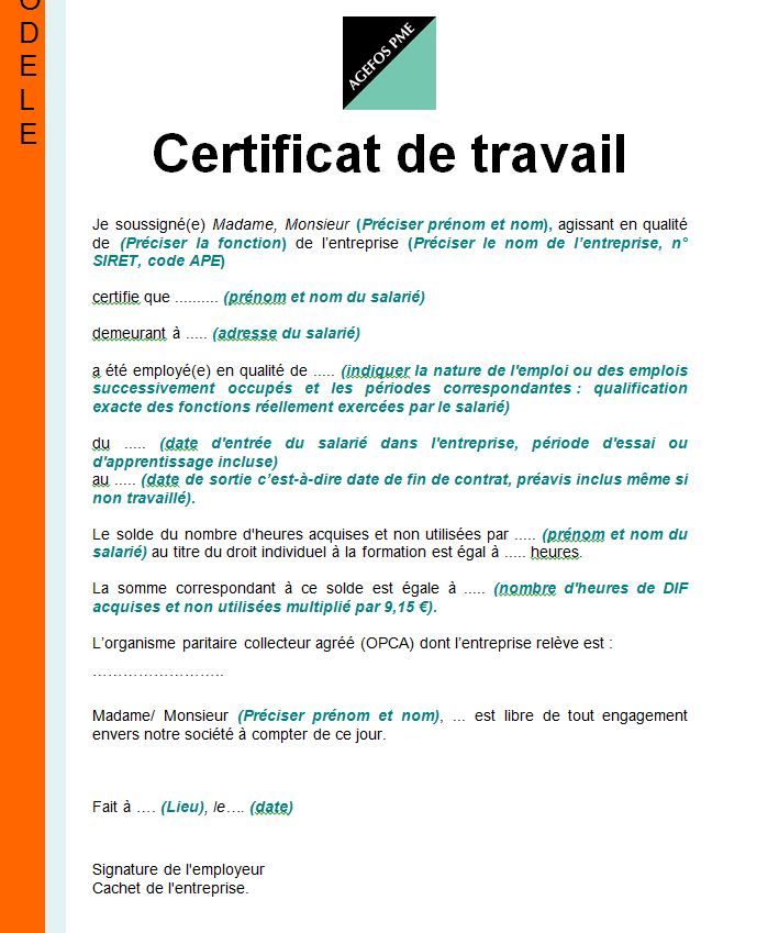 Exemple de modèle de certificat de travail - word doc