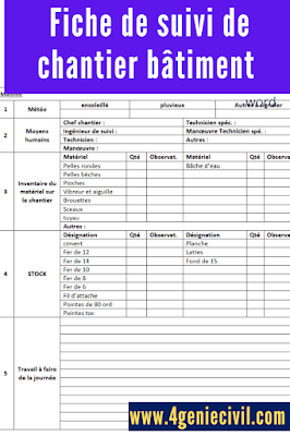 Fiche de suivi de chantier bâtiment Word
