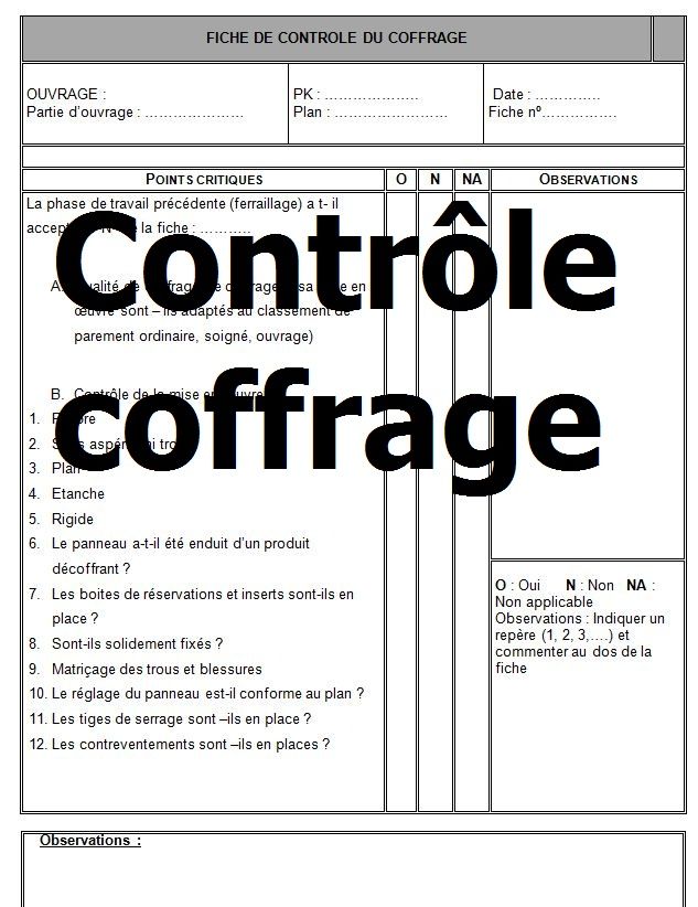 Exemple de fiche de contrôle et réception de coffrage