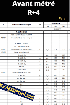 Tableau de métré BTP excel - Construction de bâtiment R+4