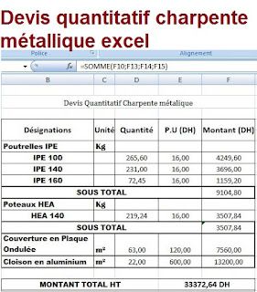 Devis quantitatif charpente métallique excel