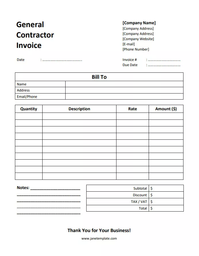 Printable General Contractor Invoice Template